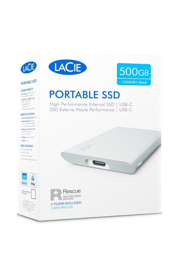 LACIE EXT. Portable SSD 500GB, TYPE C, MOON SILVER