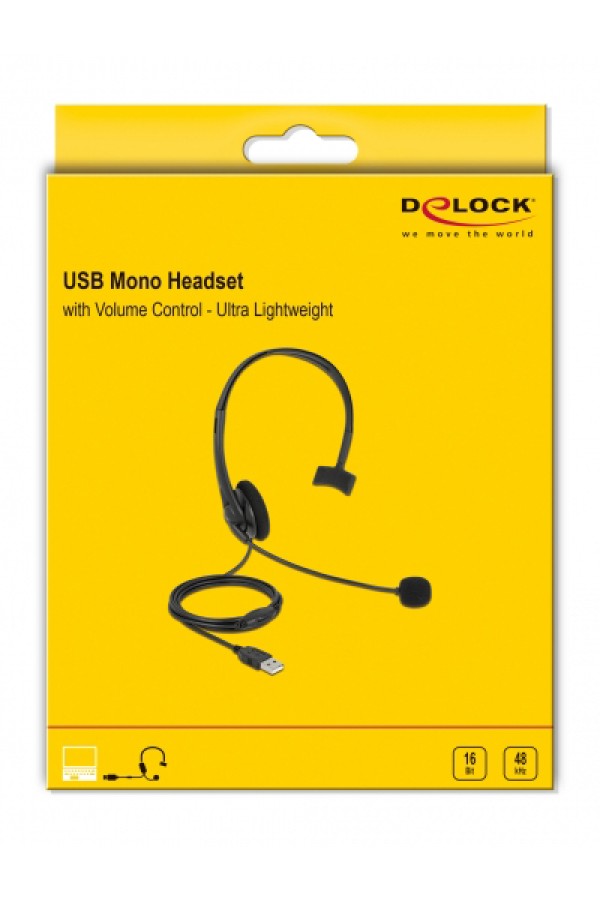 DELOCK headphones με μικρόφωνο 27177, mono, USB, volume control, μαύρα