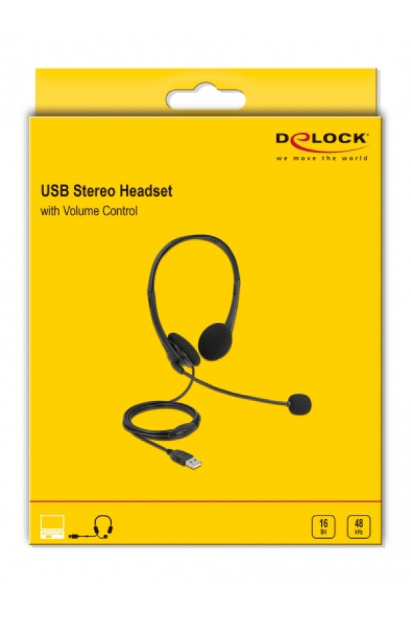 DELOCK headphones με μικρόφωνο 27179, stereo, USB, volume control, μαύρα