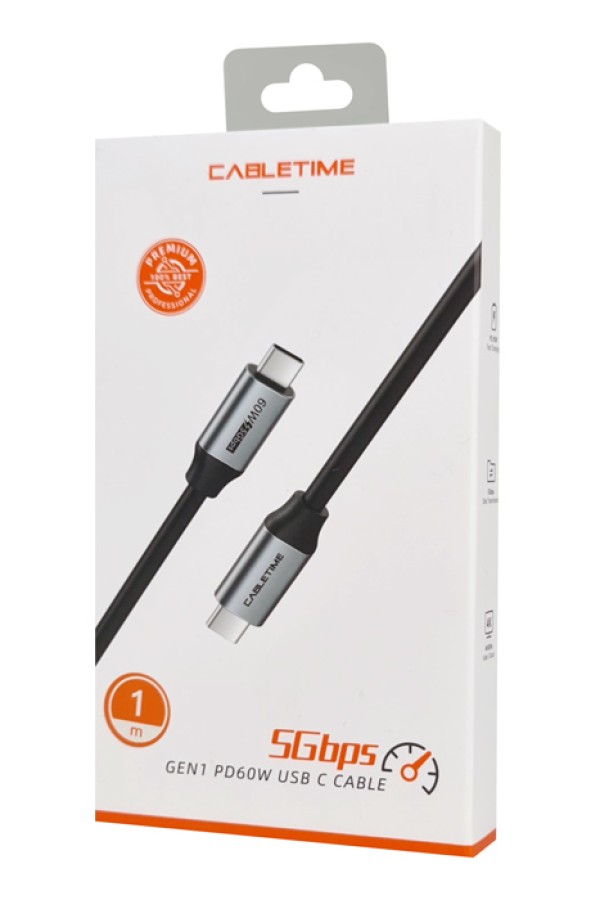 CABLETIME καλώδιο USB-C CMCM60, 60W PD, 5Gbps, 4K, 1m, μαύρο