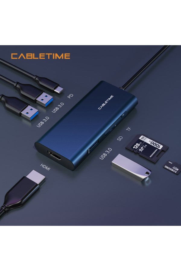 CABLETIME docking station CMHD71, 7 θυρών, USB-C, 100W, 4K, μπλε