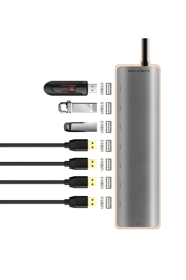 CABLETIME USB-C hub C160, 7x USB, 5Gbps, 0.15m, ασημί