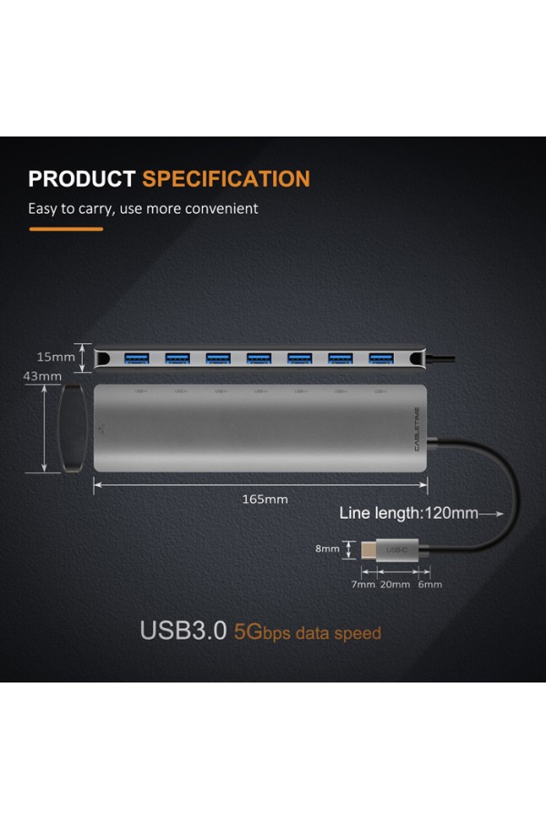 CABLETIME USB-C hub C160, 7x USB, 5Gbps, 0.15m, ασημί