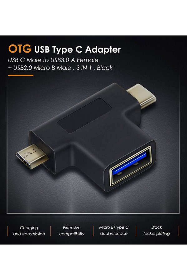 CABLETIME αντάπτορας USB σε USB-C & micro USB CT-3IN1-AB, 5Gbps, μαύρος