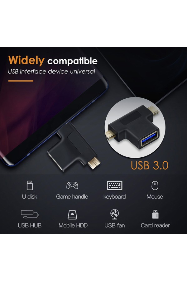 CABLETIME αντάπτορας USB σε USB-C & micro USB CT-3IN1-AB, 5Gbps, μαύρος