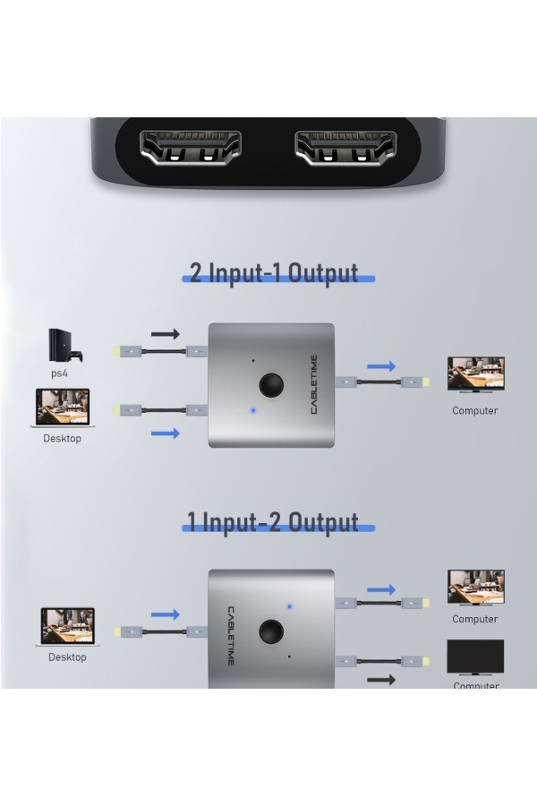 CABLETIME HDMI switch CT-HS4K, 2 σε 1, 4K, bidirectional, γκρι