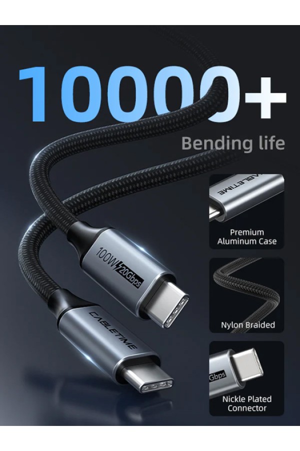 CABLETIME καλώδιο USB-C CT-CMCM2, USB 3.1, 100W, 20Gbps, 4K, 1.5m, μαύρο