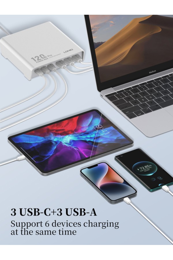 LDNIO σταθμός φόρτισης Q605, 3x USB-C & 3x USB, 120W, PD/QC, μαύρος