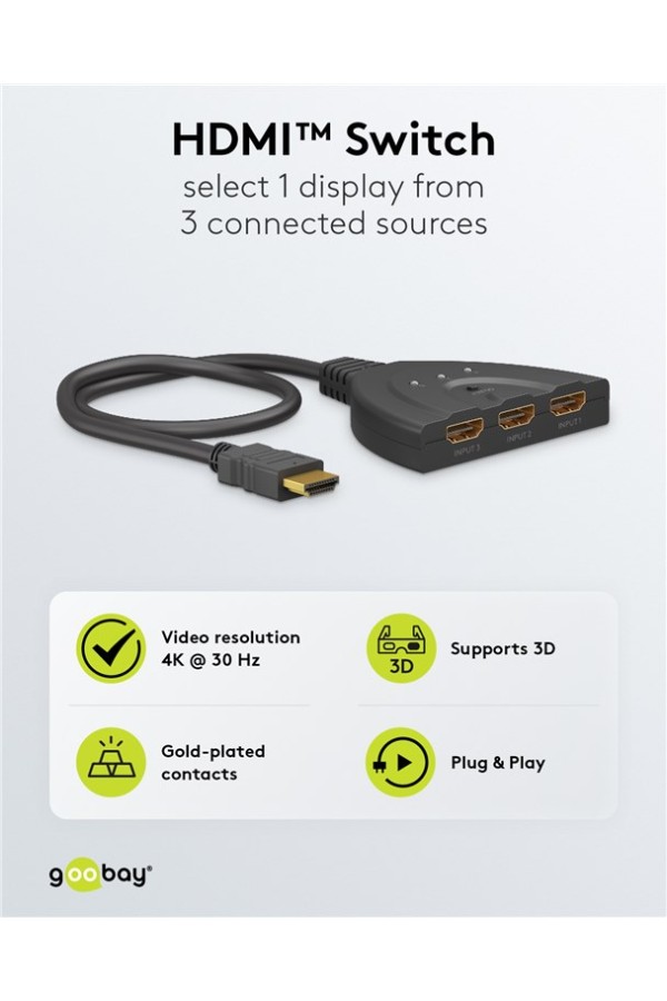 GOOBAY HDMI switch 58487, 3-in σε 1-out, 4K/30Hz, μαύρο