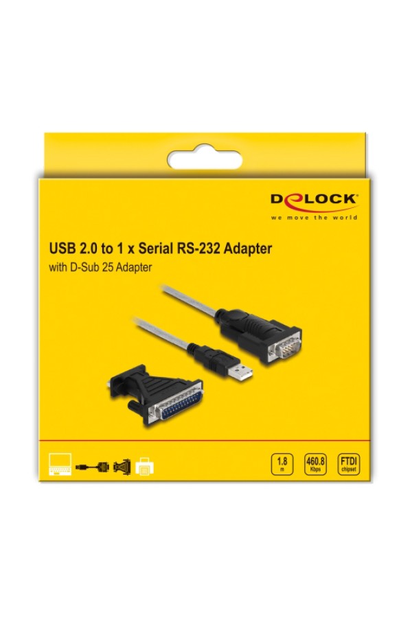 DELOCK καλώδιο USB σε RS-232 DB9 61314 με αντάπτορα DB25, 1.8m, μαύρο