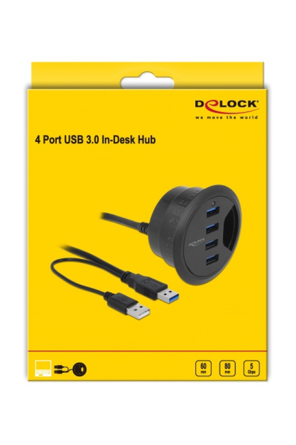 DELOCK USB hub 62868, 4x θυρών, 5Gbps, Φ60/80mm, USB σύνδεση, μαύρο