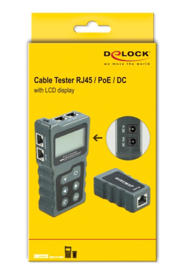 DELOCK tester καλωδίων με οθόνη 63110, RJ45, PoE, DC, γκρι