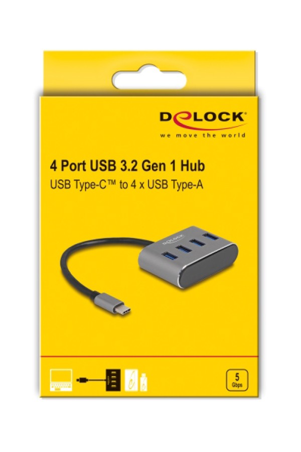 DELOCK USB hub 63223, 4x θυρών, 5Gbps, USB-C σύνδεση, γκρι