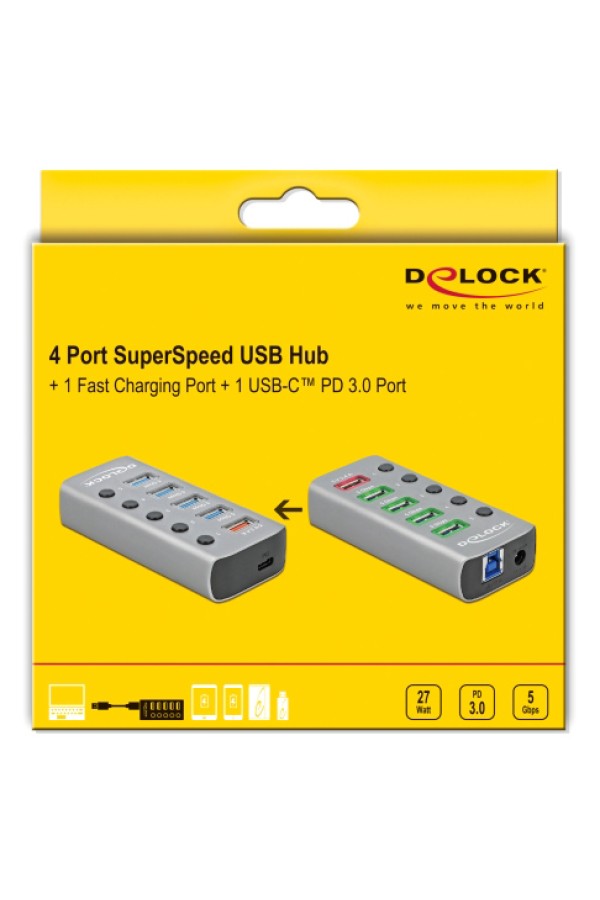 DELOCK USB hub 63263 με διακόπτες, 6x θυρών, 5Gbps, 12V/2.25A PD, γκρι