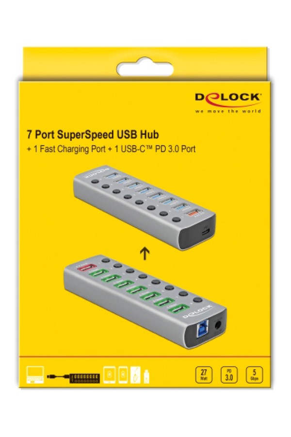 DELOCK USB hub 63264 με διακόπτες, 9x θυρών, 5Gbps, 12V/2.25A PD, γκρι