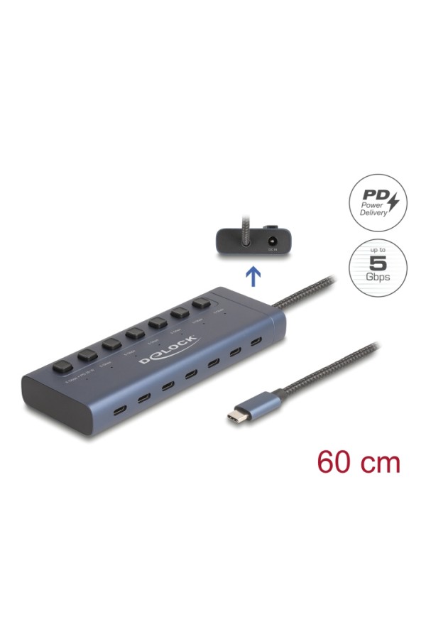 DELOCK USB-C hub 63410 με διακόπτες, 7x θυρών, 5Gbps, 20W, USB-C σύνδεση, μπλε