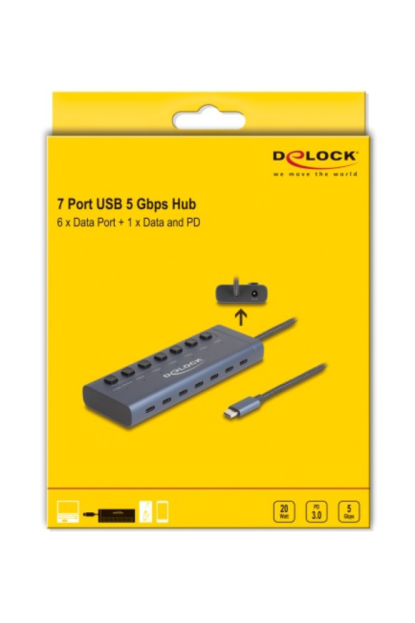 DELOCK USB-C hub 63410 με διακόπτες, 7x θυρών, 5Gbps, 20W, USB-C σύνδεση, μπλε