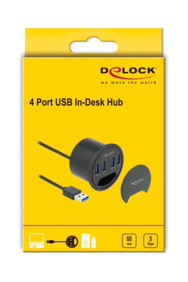 DELOCK USB hub 64153, 4x θυρών, 5Gbps, Φ60mm, USB σύνδεση, μαύρο