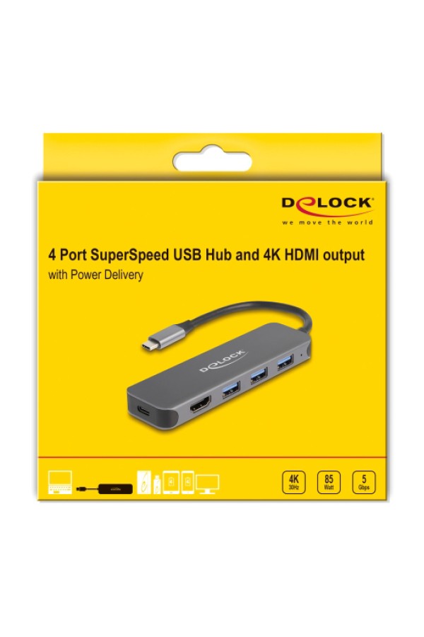 DELOCK docking station 64171, 5 θυρών, USB-C σύνδεση, 85W PD, 4K, γκρι