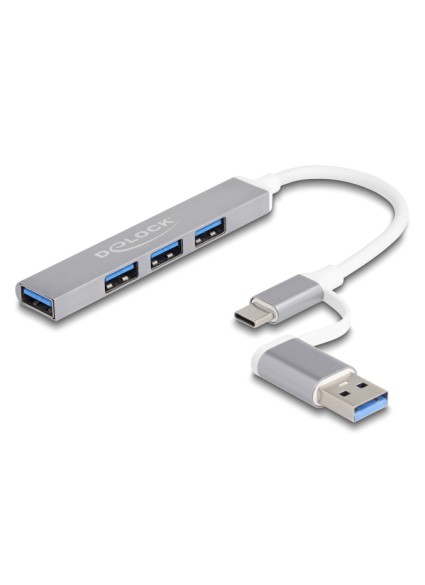 DELOCK USB hub 64214, 4x θυρών, 5Gbps, USB & USB-C σύνδεση, γκρι