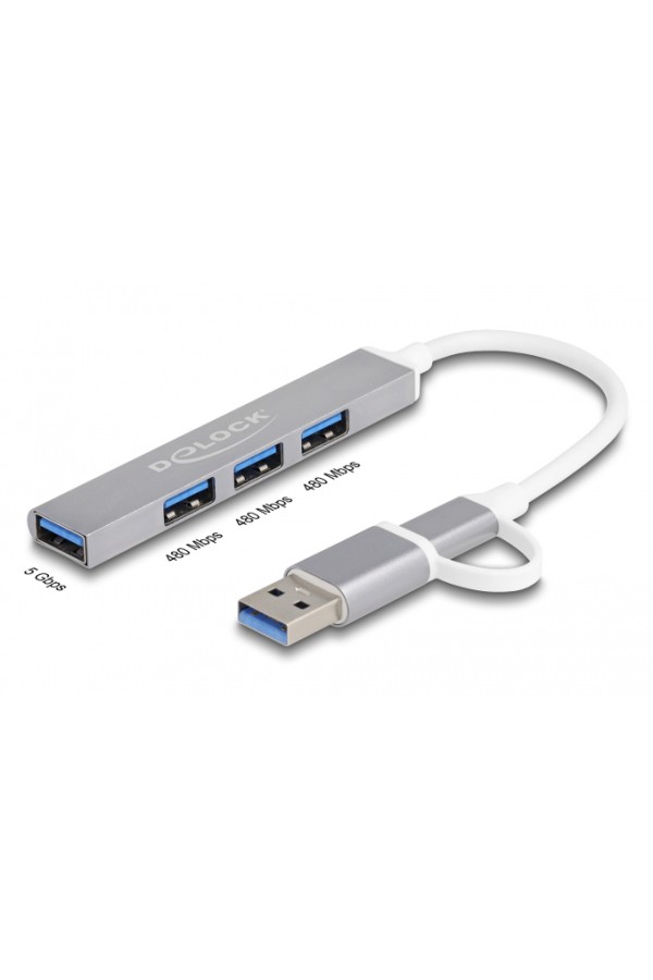 DELOCK USB hub 64214, 4x θυρών, 5Gbps, USB & USB-C σύνδεση, γκρι