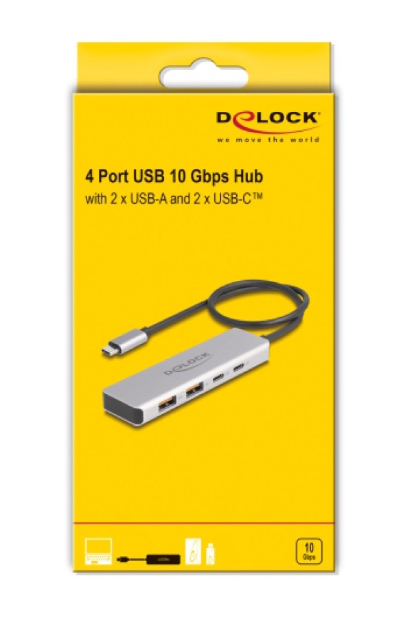 DELOCK USB hub 64230, 4x θυρών, 10Gbps, USB-C σύνδεση, γκρι
