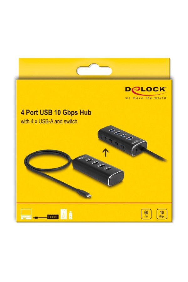 DELOCK USB hub 64233 με διακόπτες, 4 θυρών, 10Gbps, USB-C σύνδεση, μαύρο