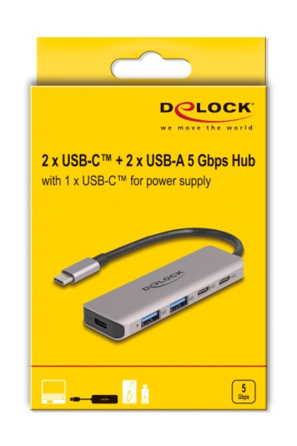 DELOCK USB hub 64239, 4x θυρών, 5Gbps, USB-C σύνδεση, γκρι