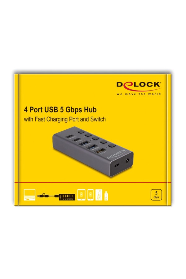 DELOCK USB hub 64248 με διακόπτες, 5x θυρών, 5Gbps, USB/USB-C σύνδεση, γκρι