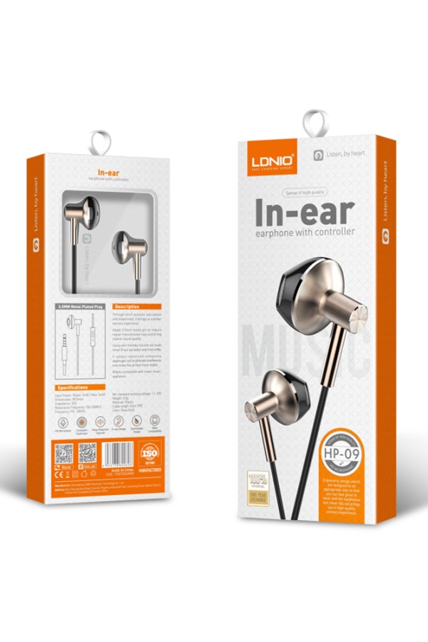 LDNIO earphones με μικρόφωνο HP09, 3.5mm σύνδεση, Φ13mm, 1.2m, ροζ χρυσό