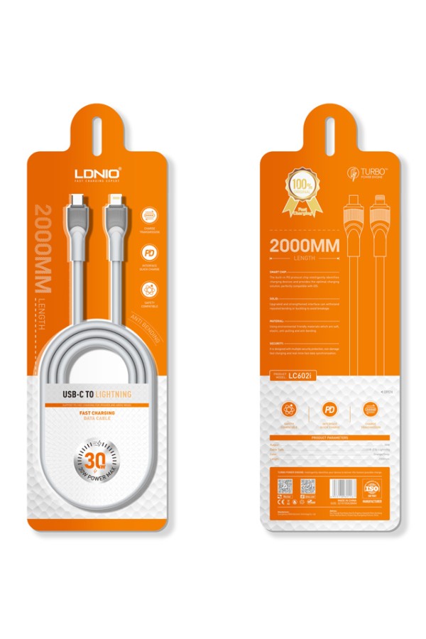 LDNIO καλώδιο Lightning σε USB-C LC602I, 30W PD, 2m, γκρι