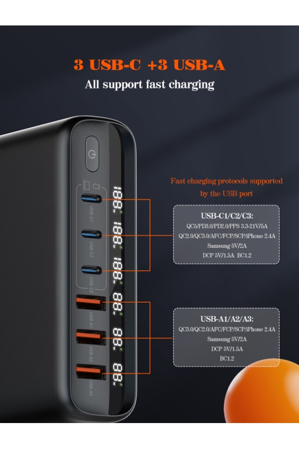 LDNIO σταθμός φόρτισης A6140C, 3x USB-C/3x USB, 140W, PD/QC, GaN, μαύρος