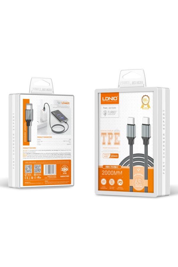 LDNIO καλώδιο USB-C σε USB-C LC442C, 65W PD, 2m, γκρι