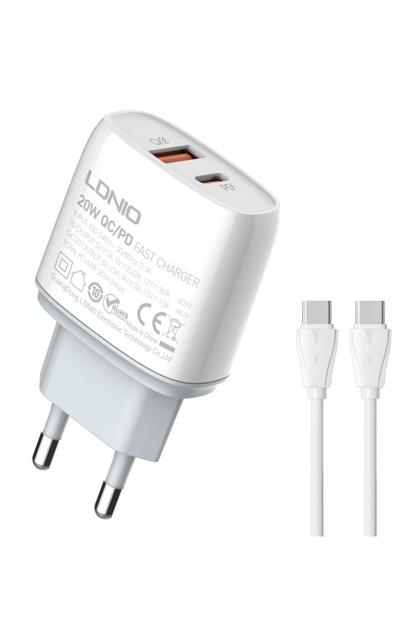 LDNIO φορτιστής τοίχου Q229 με καλώδιο, USB & USB-C, 20W PD, λευκός