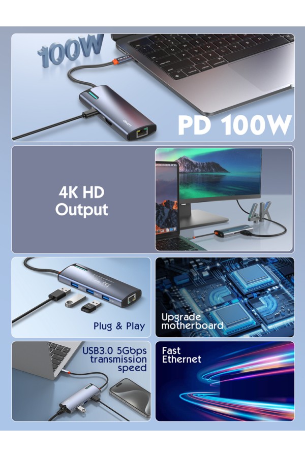 LDNIO docking station DS-16H, 6 θυρών, USB-C σύνδεση, 4K, 100W PD, γκρι