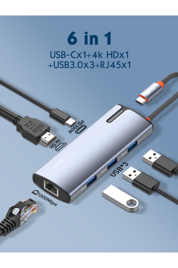 LDNIO docking station DS-16H, 6 θυρών, USB-C σύνδεση, 4K, 100W PD, γκρι