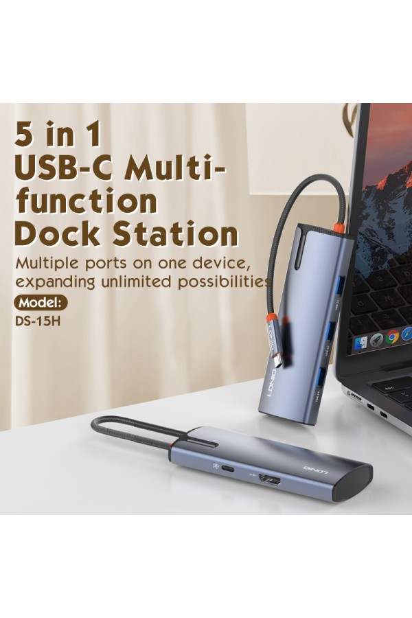 LDNIO docking station DS-15H, 5 θυρών, USB-C σύνδεση, 4K, 100W PD, γκρι