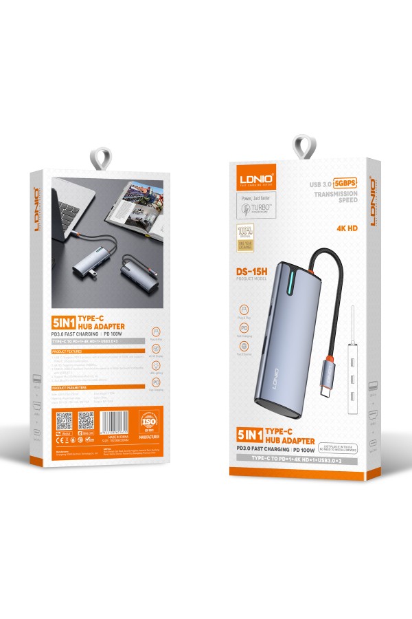 LDNIO docking station DS-15H, 5 θυρών, USB-C σύνδεση, 4K, 100W PD, γκρι