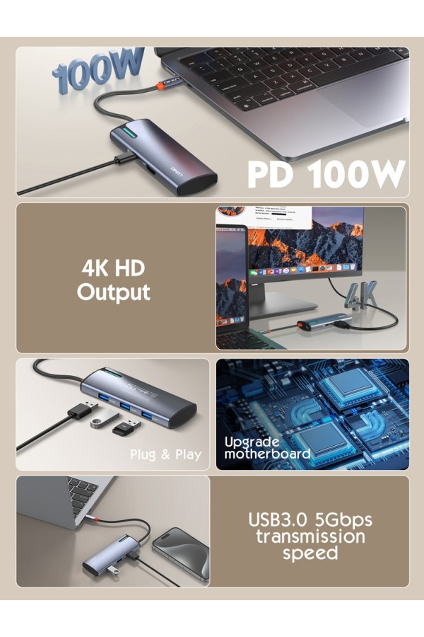 LDNIO docking station DS-15H, 5 θυρών, USB-C σύνδεση, 4K, 100W PD, γκρι