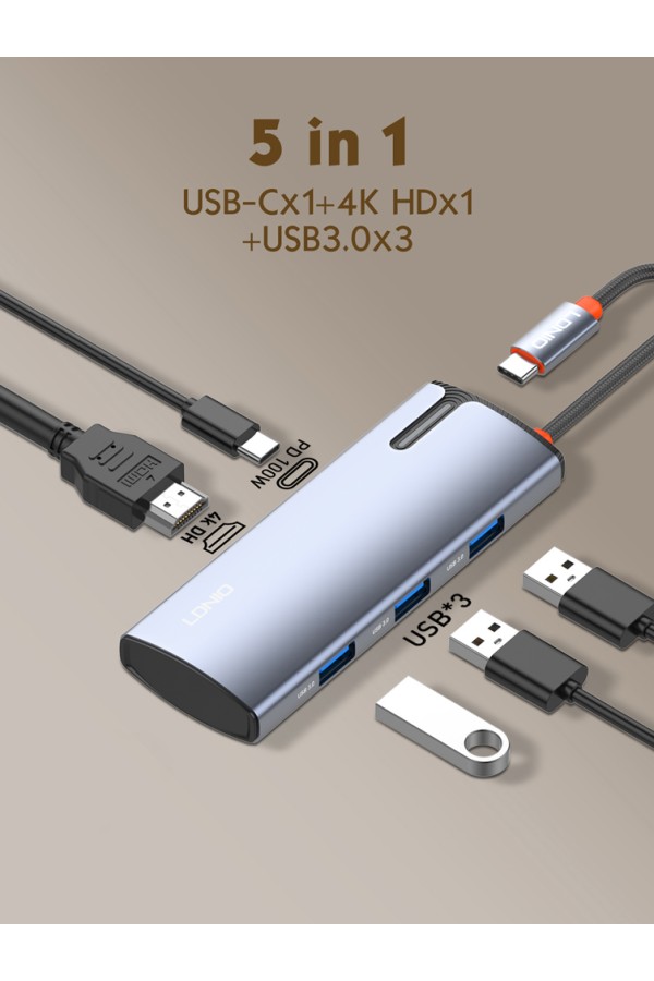 LDNIO docking station DS-15H, 5 θυρών, USB-C σύνδεση, 4K, 100W PD, γκρι