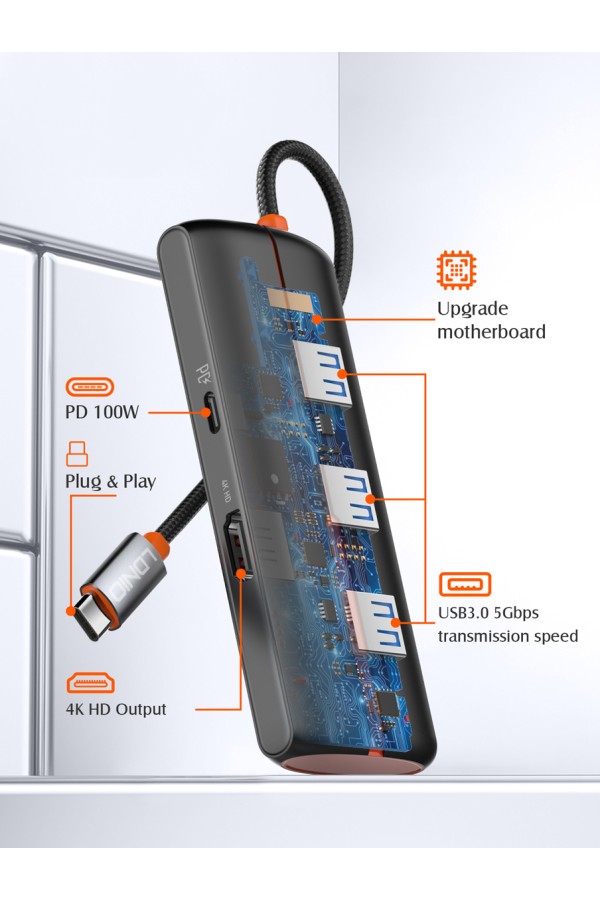 LDNIO docking station DS-25H, 5 θυρών, USB-C σύνδεση, 4K, 100W PD, μαύρο