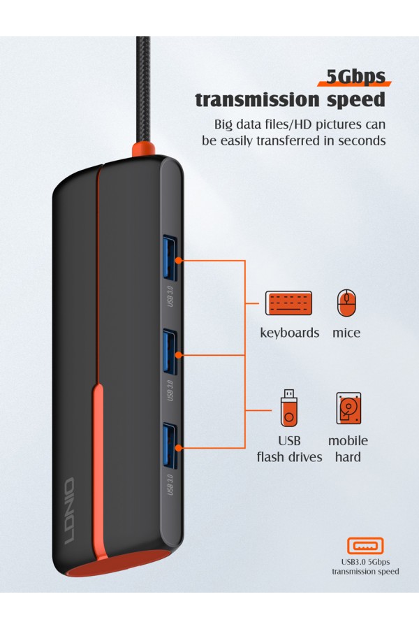 LDNIO docking station DS-25H, 5 θυρών, USB-C σύνδεση, 4K, 100W PD, μαύρο