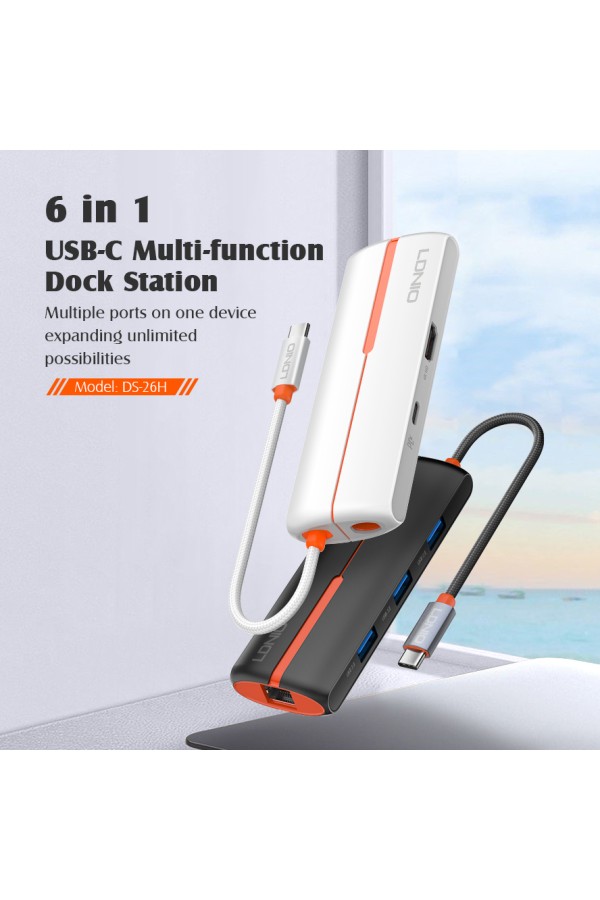 LDNIO docking station DS-26H, 6 θυρών, USB-C σύνδεση, 4K, 100W PD, λευκό