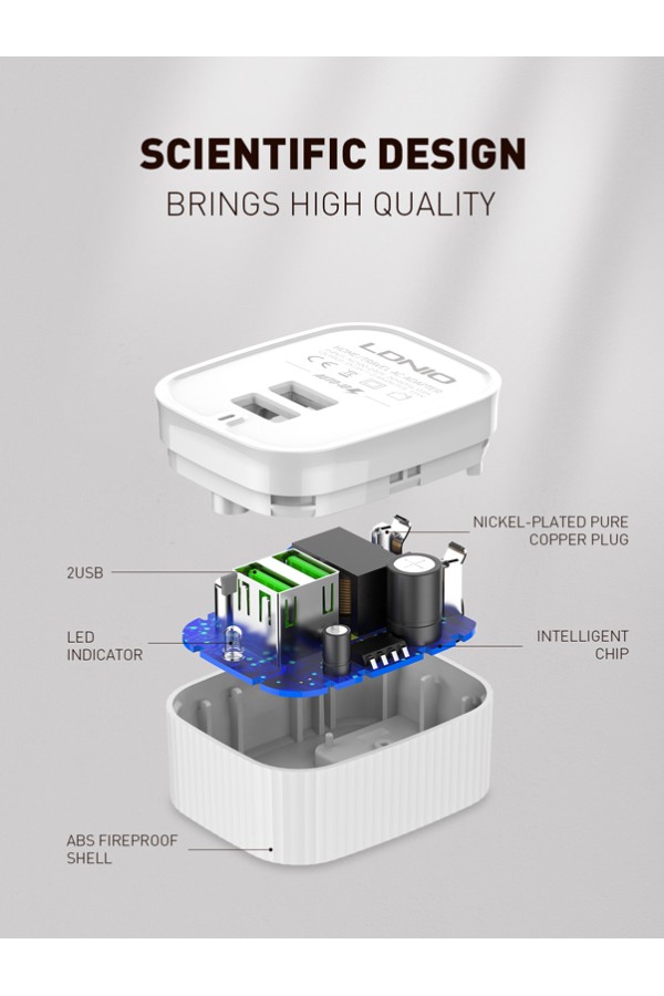 LDNIO φορτιστής τοίχου A201 με καλώδιο USB-C, 2x USB, 12W, λευκός