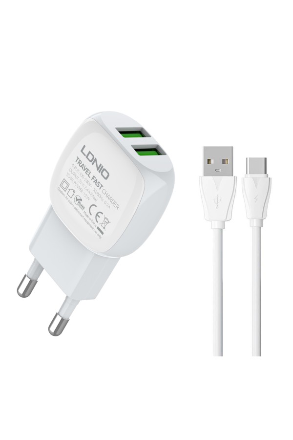 LDNIO φορτιστής τοίχου A2218 με καλώδιο USB-C, 2x USB, 12W, λευκός