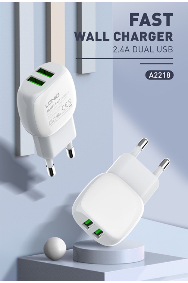 LDNIO φορτιστής τοίχου A2218 με καλώδιο USB-C, 2x USB, 12W, λευκός