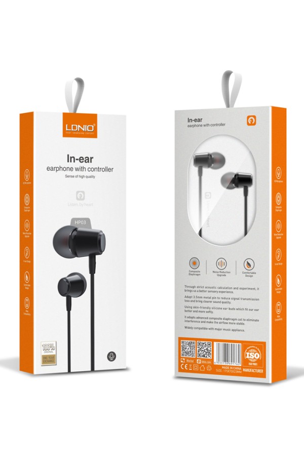 LDNIO earphones με μικρόφωνο HP03, 3.5mm σύνδεση, Φ10mm, 1.2m, μαύρα