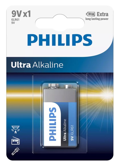 PHILIPS Ultra αλκαλική μπαταρία 6LR61E1B/10, 6LR61 9V, 1τμχ