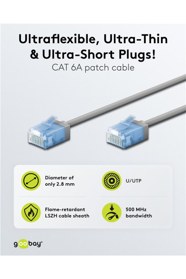 GOOBAY καλώδιο δικτύου 74219, CAT 6A U/UTP, slim, copper, 500MHz, 0.15m, γκρι