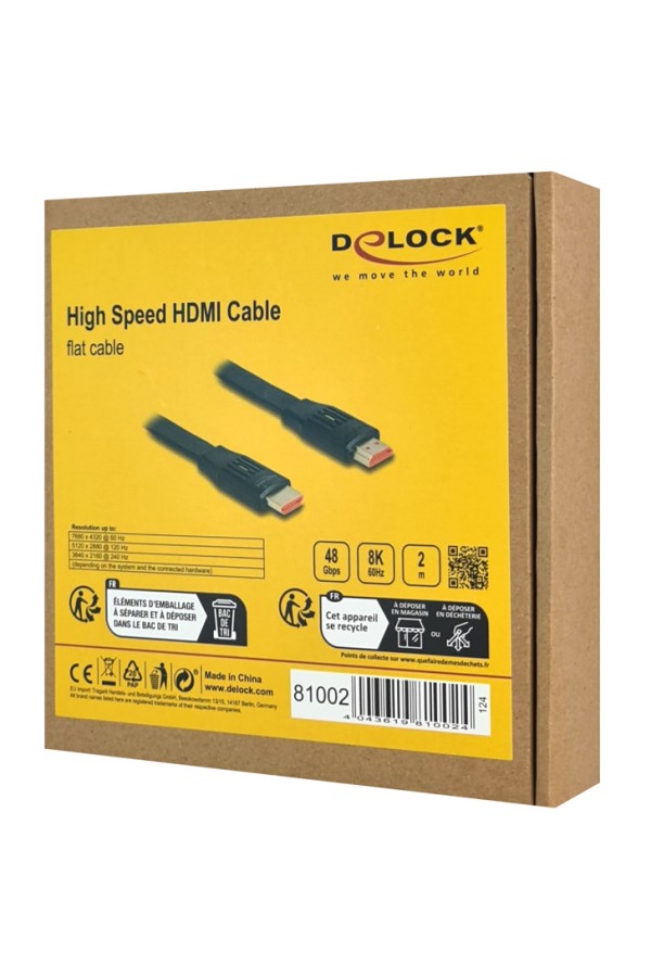 DELOCK καλώδιο HDMI 81002, flat, 8K/60Hz, 48 Gbps, eARC, HDR, 2m, μαύρο